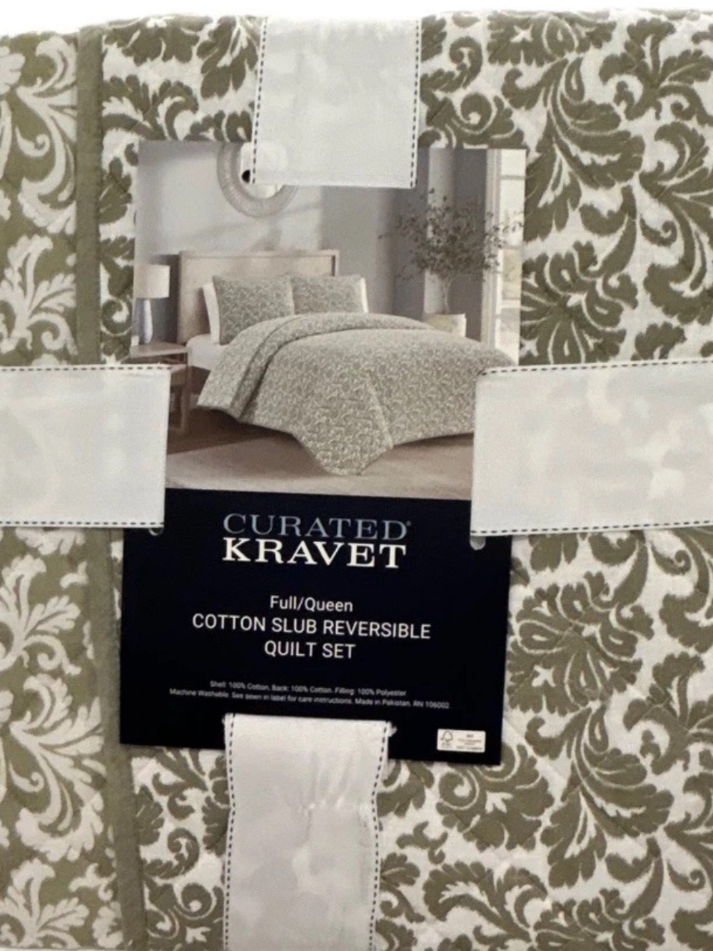 Curated Kravet Green and White Floral Full/Queen Cotton Quilt Set 88”x92”